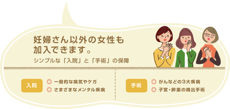 妊婦さん以外の女性も加入できます。｜シンプルな「入院」と「手術」の保障