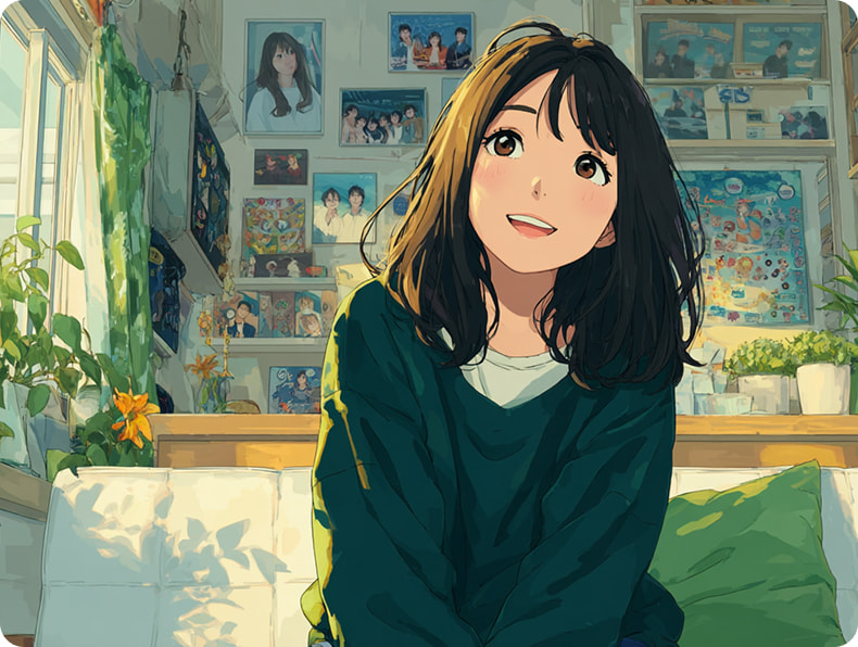 室内で微笑む女性のイラスト