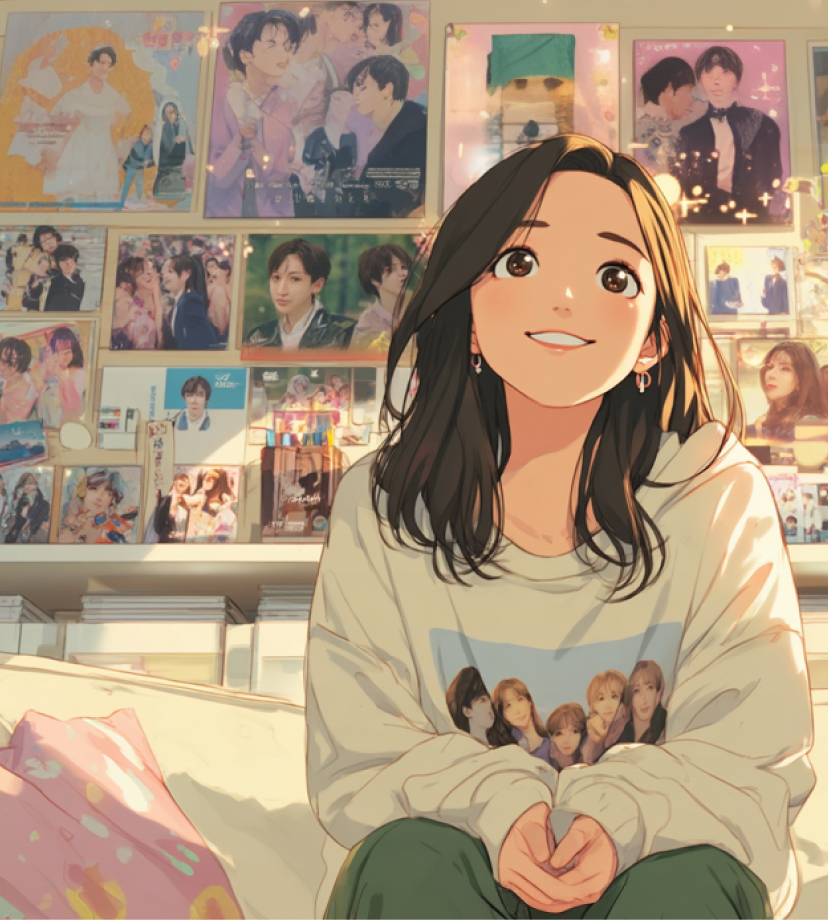 お気に入りの写真やポスターに囲まれて微笑む女性の部屋