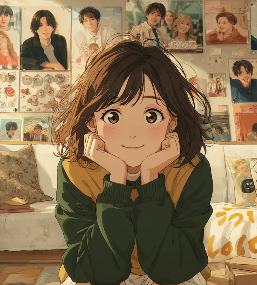 写真や雑貨が並ぶ部屋で頬杖をついてくつろぐ女性