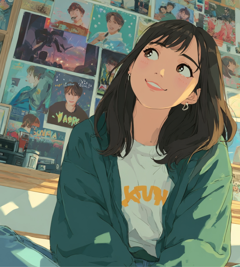 壁一面に飾られた写真を見つめる優しい表情の女性