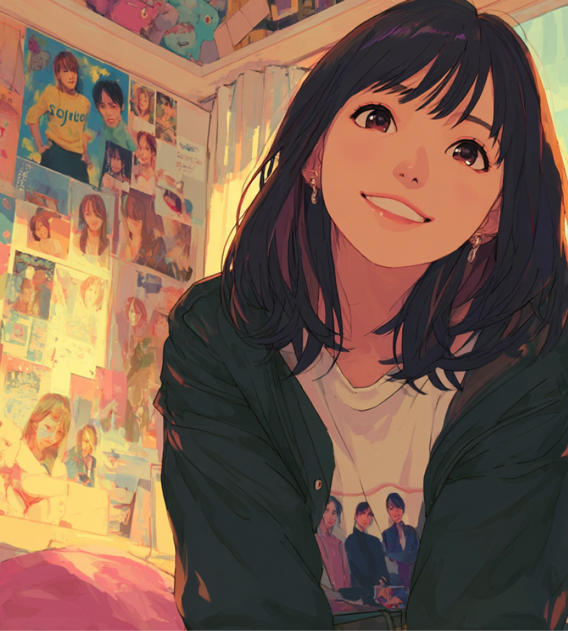 夕暮れの光が差し込む部屋で静かに微笑む女性